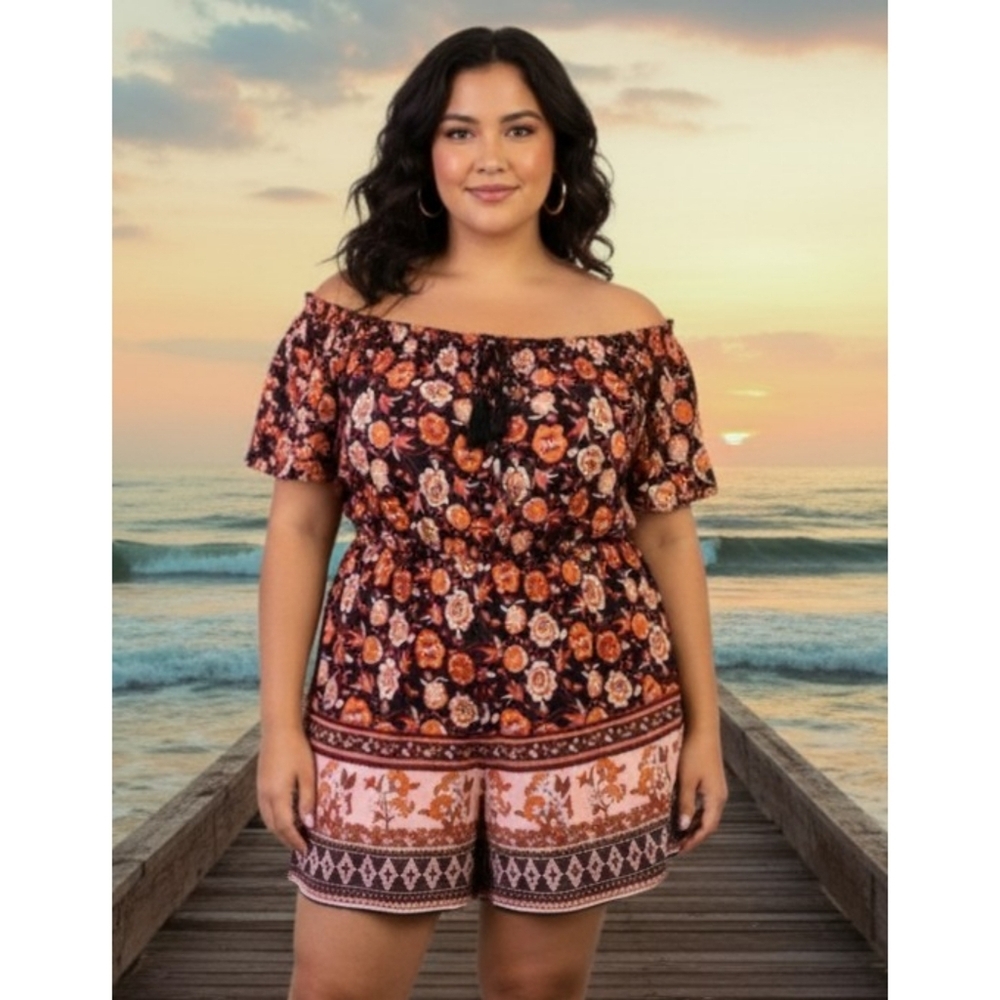 Shein Vcay Curve Floral Romper Black Size 2XL